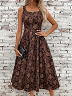 Vestido Maxi Sem Mangas Jacquard Floral Elegante para Mulheres - Decote Quadrado, Azul Claro com Padrões Florais Intricados, Perfeito para Férias de Primavera/Verão, Vestuário de Férias | Vestido com Estampa Floral | Decote Quadrado, Vestido Floral