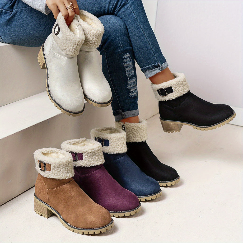 Botas Femininas de Cano Curto, Clássicas e Confortáveis. Botas de Inverno em Cores Quentes: Caqui, Preto e Bege. Botas de Cor Sólida, Forradas com Fleece, Aumentam a Altura e Antiderrapantes, Leves, com Bico Redondo Fofo. Gola Macia e Peluda. Botas Femininas Estilosas para Outono/Inverno, Inspiradas