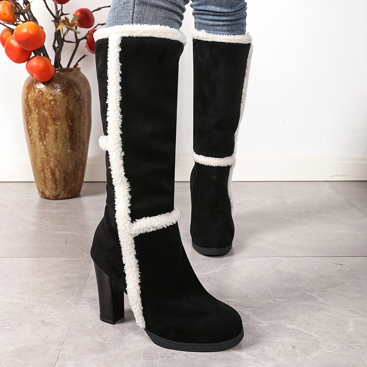 Botas de Neve de Inverno para Mulheres com Gola Falsa & Pelúcia - Salto Grosso Bloco, Sola Grossa de TPR, Fechamento com Zíper e Bico Redondo - Botas de Salto Alto Pretas e Brancas com Bico Redondo para Gelo e Neve (Somente Limpeza a Seco)