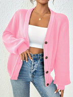 Cardigã de Malha Elegante para Mulheres com Padrão Autônomo e Botões Frontais de Cor Sólida para Primavera e Outono