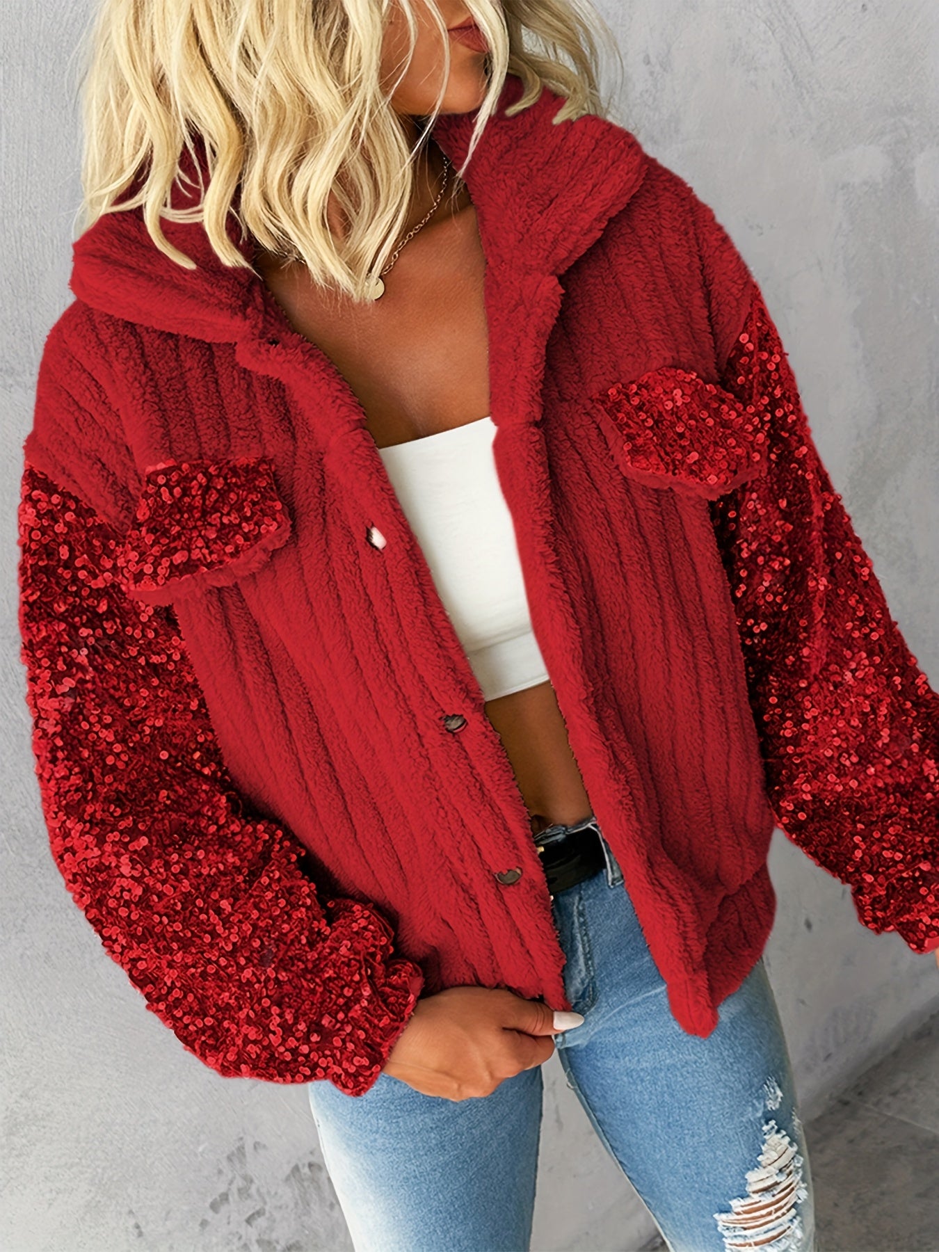 CHICME Casaco de Pelúcia Feminino em Imitação de Pele com Detalhes de Lantejoulas - Elegante Casaco de Manga Comprida com Gola de Lapela e Várias Cores, Roupa de Exterior de Inverno Lavável à Máquina para Outono/Inverno