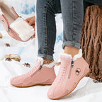 Botas de Inverno Femininas com Forro de Pelúcia, Fechamento de Zíper/Laço, Bico Redondo, Sola Baixa, Casual, Adequadas para Uso Diário, Lavável na Máquina, Espessura Aumentada - Cor Sólida (Tornozelo e Cano Curto)