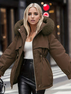 Casaco Térmico de Inverno para Mulher com Forro de Lã e Fecho Completo - Roupa Exterior Resistente para Clima Frio, Fecho Frontal de Correr de Comprimento Total, Capuz Ajustável com Cordão e Bolsos Grandes - Cor Sólida Lavável na Máquina para Uso Diário e Exterior