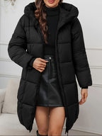 Casaco de Inverno Comprido Elegante com Capuz para Mulher - Casaco Leve com Fecho Completo e Bolsos, Roupa Exterior Quente de Comprimento Médio para Clima Frio, Cor Sólida, Corte Normal, Sem Cinto, Mangas Compridas, Casacos de Inverno