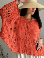 Plus Size, Top Casual Feminino com Recorte Geométrico e Manga 3/4 - Cobertura Protetora Solar Solta para Primavera/Verão, Roupa de Praia Translúcida e Respirável, Camada de Proteção Solar, Estampa Crochê, Tecido Lavável à Mão, Elasticidade Média