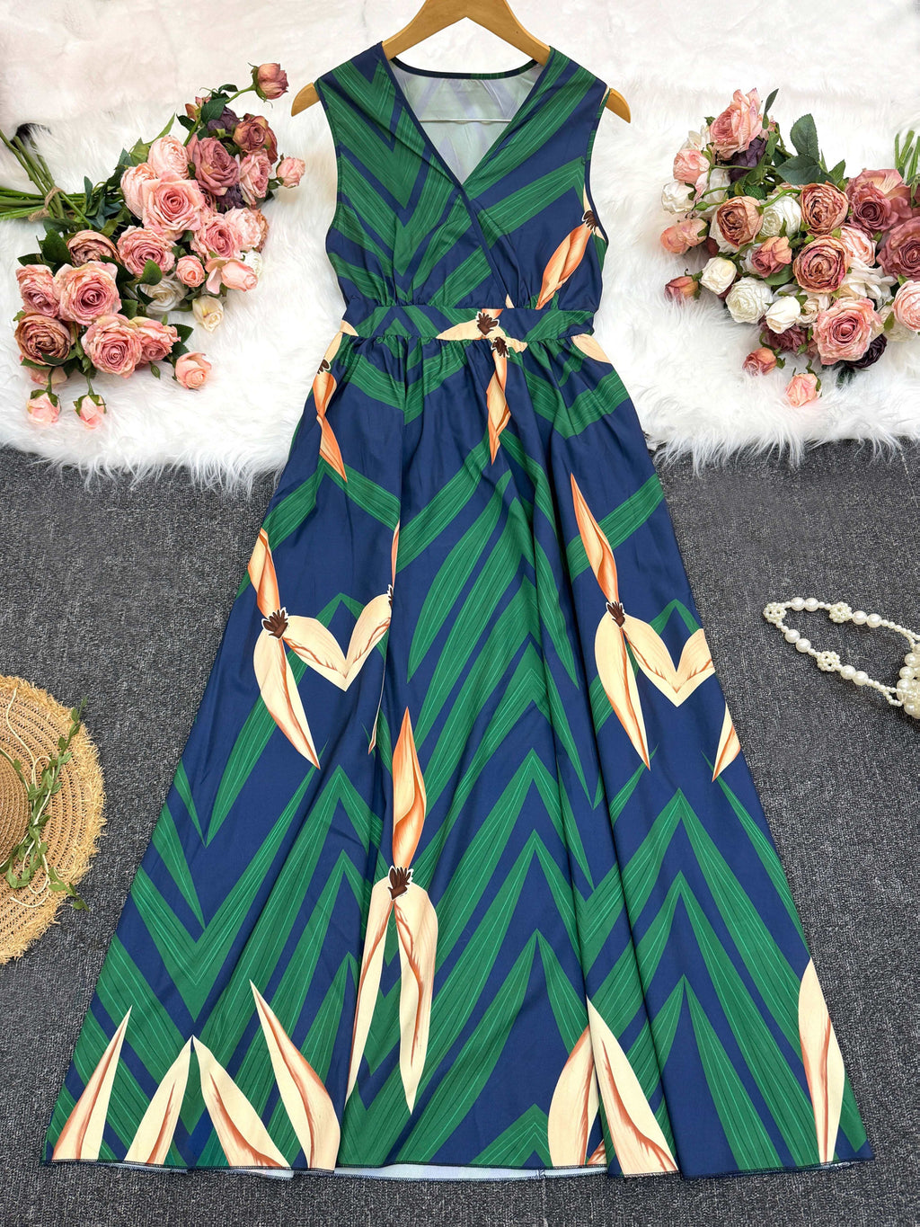 Vestido Maxi A-Line com Estampa Tropical de Palmeira - Azul Marinho e Turquesa Manga Sino, Cintura Curta & Comprimento Fluído para Casamentos na Praia, Festas Eventos Verão - Lavável à Máquina Elegante no Espirito Resort