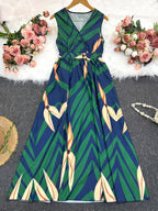Vestido Maxi A-Line com Estampa Tropical de Palmeira - Azul Marinho e Turquesa Manga Sino, Cintura Curta & Comprimento Fluído para Casamentos na Praia, Festas Eventos Verão - Lavável à Máquina Elegante no Espirito Resort