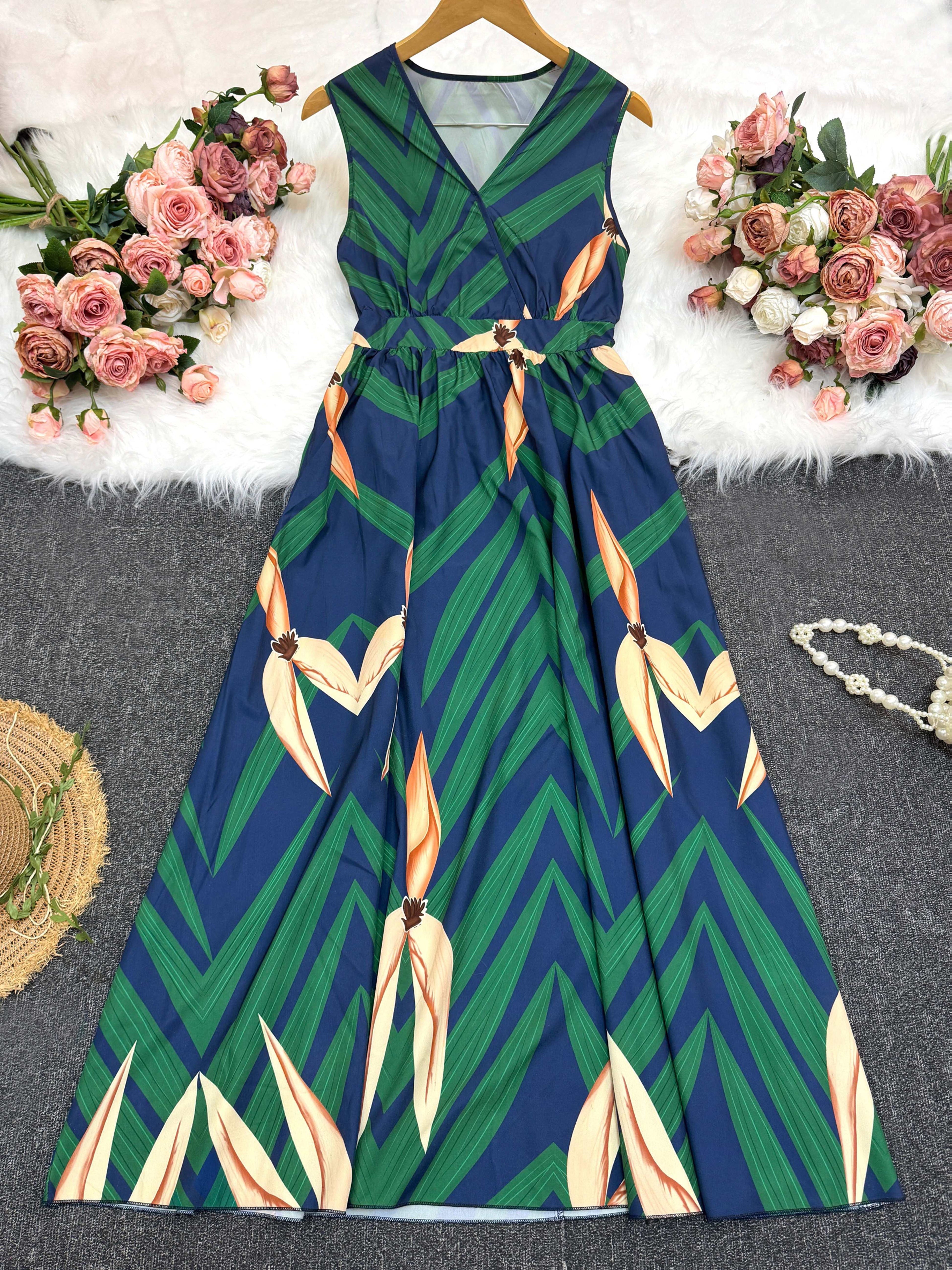 Vestido Maxi A-Line com Estampa Tropical de Palmeira - Azul Marinho e Turquesa Manga Sino, Cintura Curta & Comprimento Fluído para Casamentos na Praia, Festas Eventos Verão - Lavável à Máquina Elegante no Espirito Resort