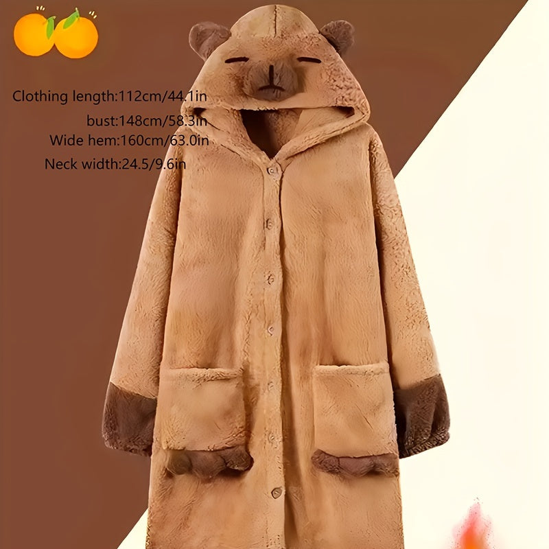 Manta com capuz de capivara em estilo preppy - Tamanho adulto, em poliéster tricotado de fleece coral, com tema de animal, vestido de noite com bolsos e punhos ajustados, lavável à máquina, sem estampado.