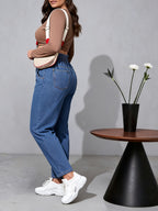 Calças jeans femininas plus size de cintura alta e afunilada, estilo casual e elegante, adequadas para todas as estações