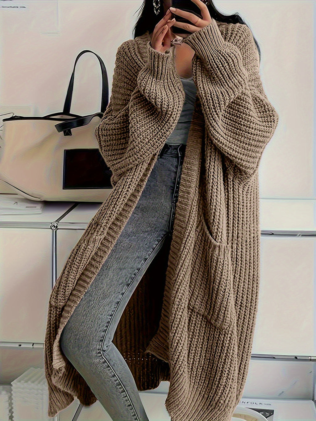 Casaco de Manga Comprida Casual de Cor Lisa com Ombros Descaídos para Mulher | Casaco Comprido de Outono/Inverno com Bolsos, Marca NZZOF