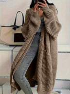 Casaco de Manga Comprida Casual de Cor Lisa com Ombros Descaídos para Mulher | Casaco Comprido de Outono/Inverno com Bolsos, Marca NZZOF