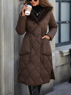 Casaco de inverno longo e quente com capuz forrado de pele sintética para mulher - Acolhedor e quente, com fecho de correr, ajuste solto e casual, cor castanha sólida, perfeito para looks de clima frio, casacos de inverno