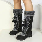 Botas de Inverno Elegantes para Mulheres com Forro de Pele Sintética - Botas de Cano Médio Aconchegantes com Salto Grosso, Detalhes de Pompom e Zíper Lateral | Botas Térmicas Isoladas para Clima Frio, Botas de Inverno