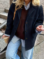 Conjunto Novo Retrô Solto com Lapela e Bolso em Cor Sólida para Mulheres Outono-Inverno