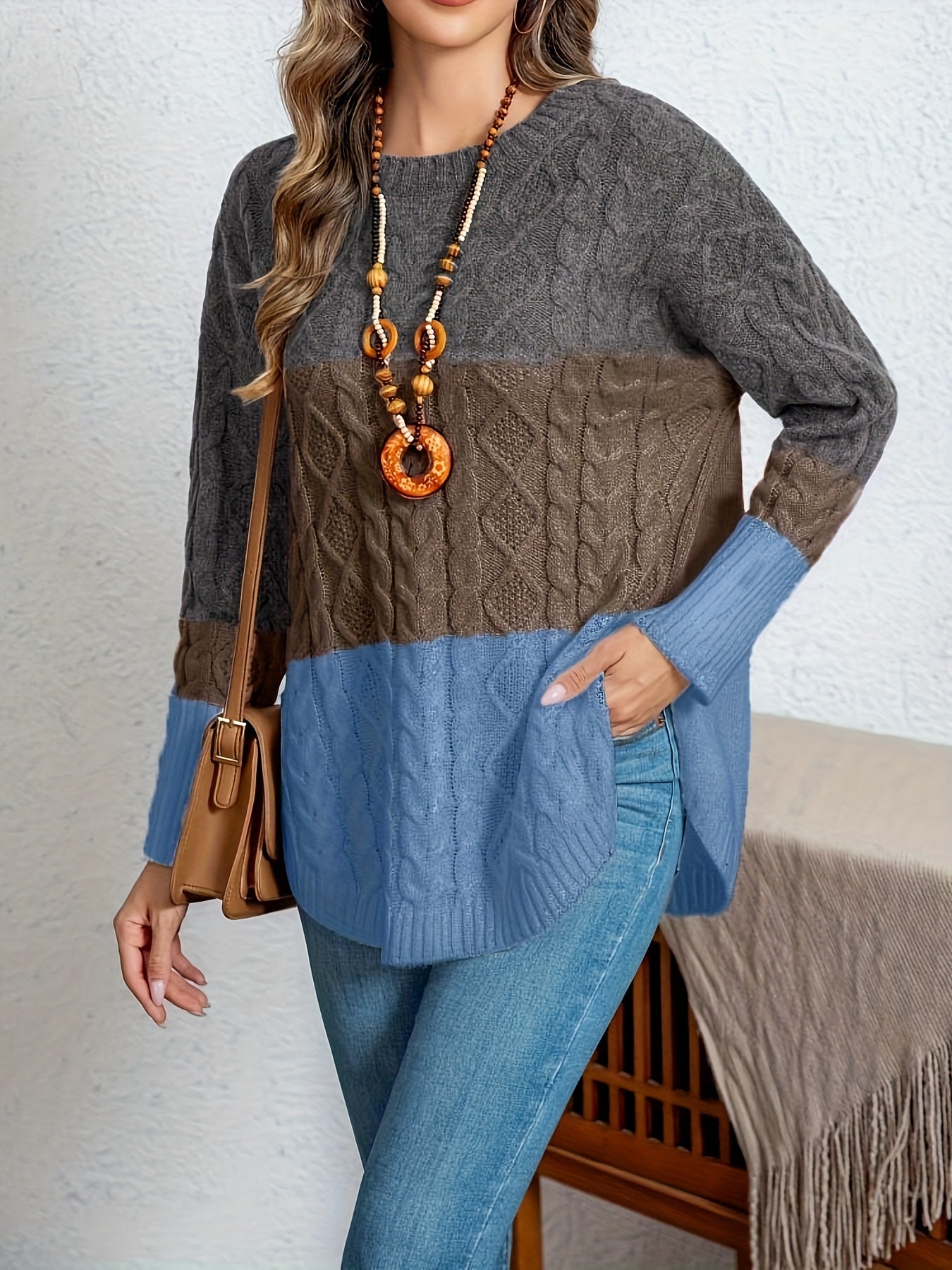 Tamanho Grande - Suéter Macio Inspirado na Moda Vintage para Mulheres - Design Chic Bege e Preto em Duas Tons, Roupa Casual de Outono/Inverno, Gola Redonda, Manga Longa, Aconchegante e Elegante, Roupa Casual | Top Vintage Chic | Construção, Suéter Vestido