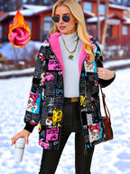 Jaqueta Casual com Capuz para Mulheres Adultas, Estampa Pop Graffiti e Forro, Outono/Inverno