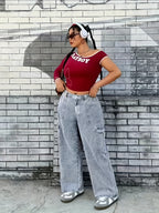 Calças de carga azul claro para mulheres de tamanho grande - Denim de alta elasticidade com bolsos, estilo casual, conforto para todas as estações, moda confortável | Calças de estilo casual | Tecido de alta elasticidade, calças de mulher, overalls de denim para mulher, calças de mãe para mulher