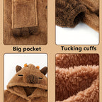 Manta com capuz de capivara em estilo preppy - Tamanho adulto, em poliéster tricotado de fleece coral, com tema de animal, vestido de noite com bolsos e punhos ajustados, lavável à máquina, sem estampado.