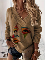 Blusa Casual de Gola V com Estampa em Contraste e Tecido Solto em Estoque