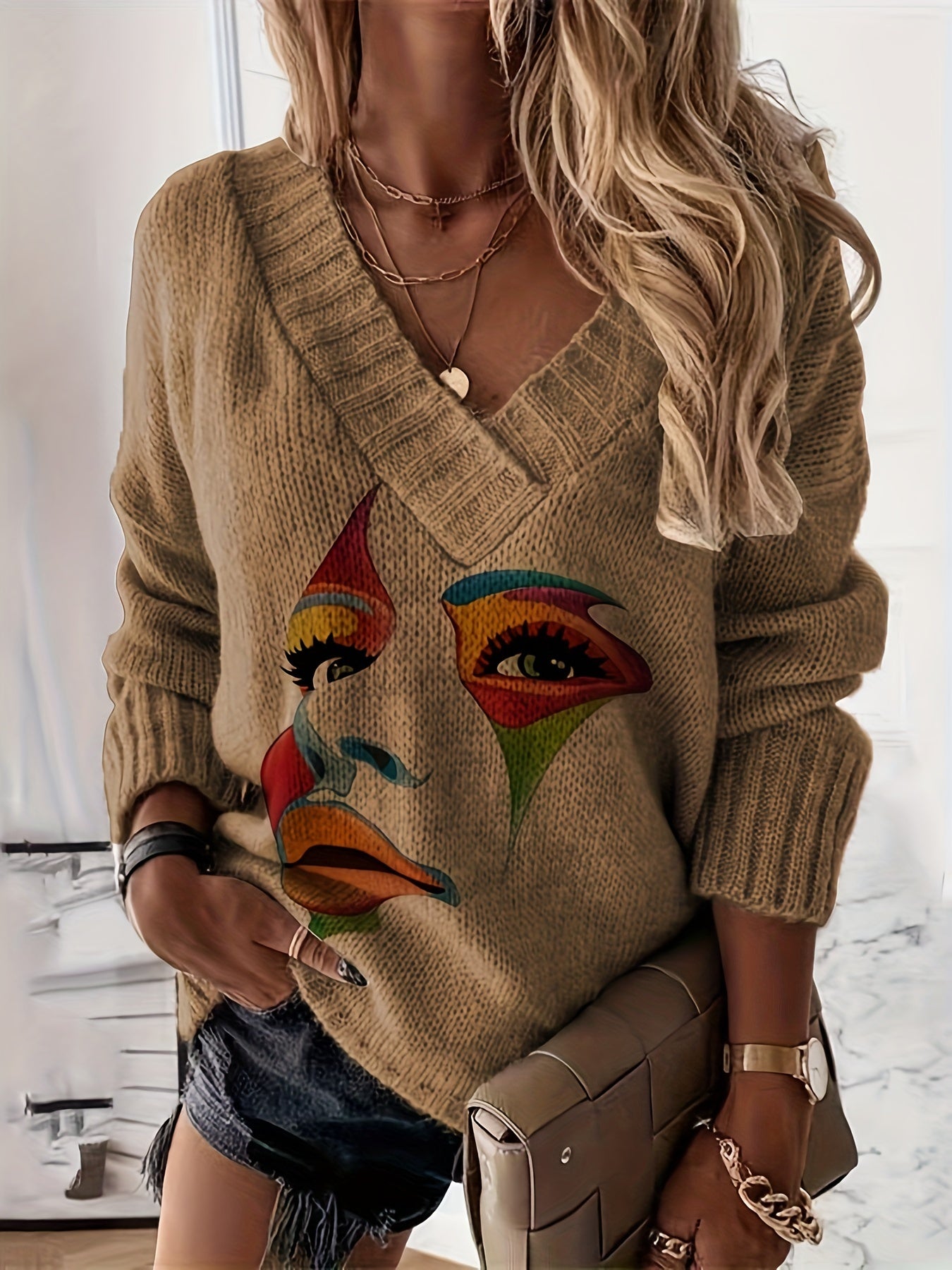 Blusa Casual de Gola V com Estampa em Contraste e Tecido Solto em Estoque