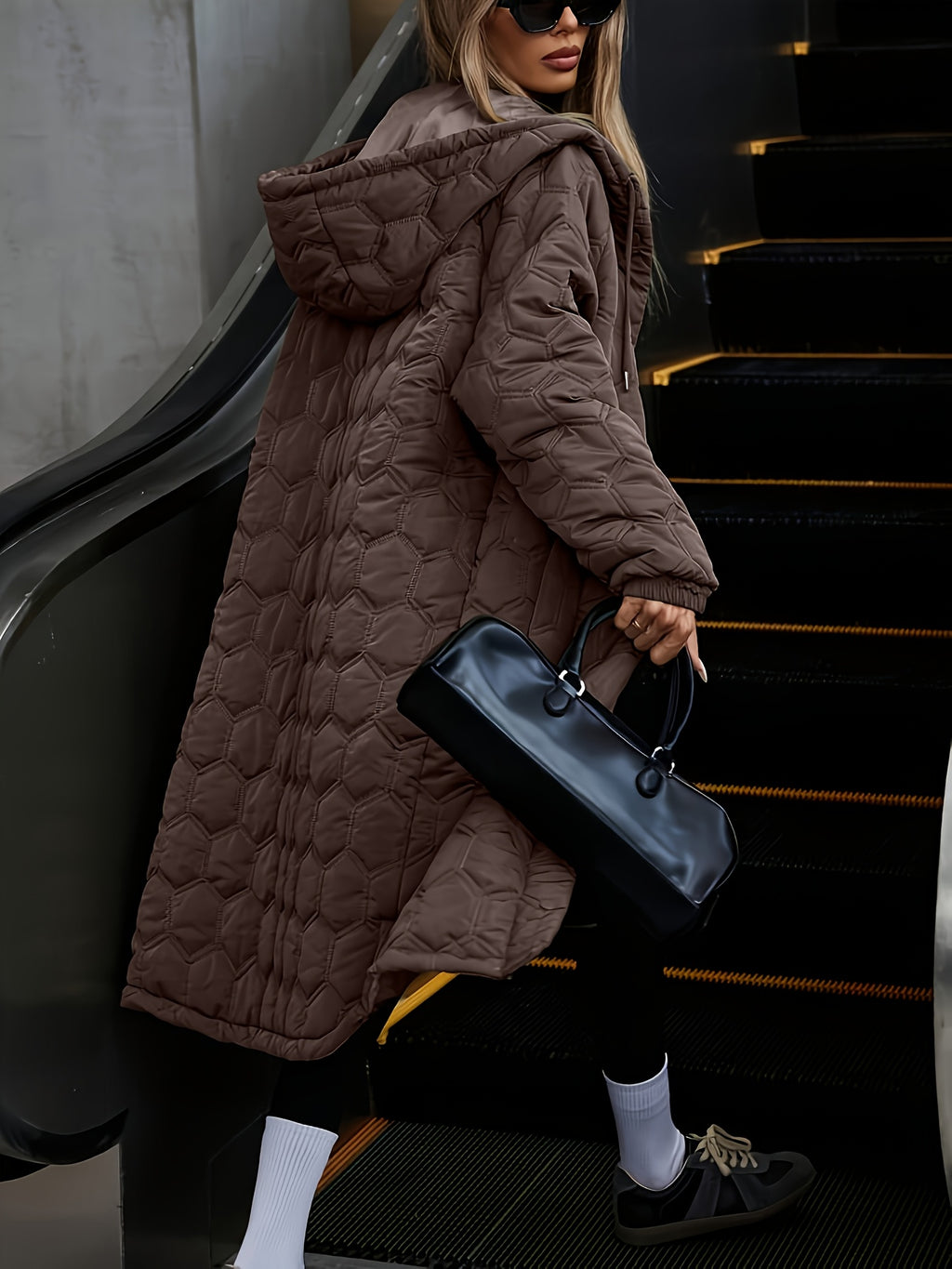 Jaqueta de Inverno Acolchoada com Capuz para Mulheres - Casaco Longo para Clima Frio, Lavável à Mão, Ideal para Outono e Inverno, Casual para Baixas Temperaturas