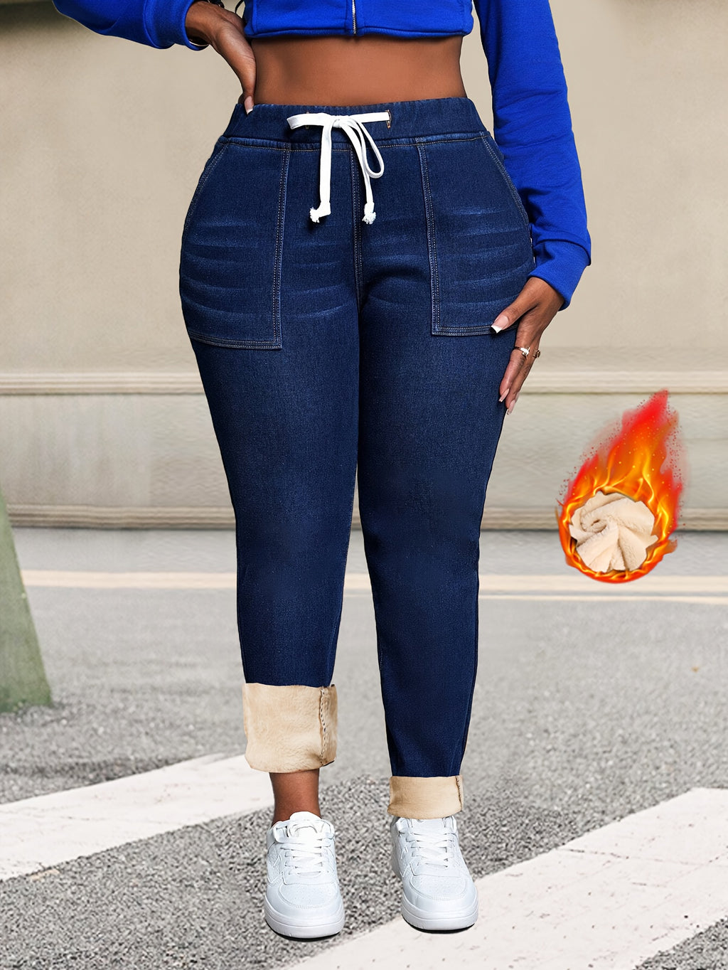 Jeans Skinny Azuis de Corte Plus Size com Cordão | Detalhe Elegante de Inverno em Cor Sólida e Alta Elasticidade