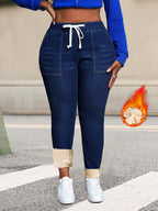 Jeans Skinny Azuis de Corte Plus Size com Cordão | Detalhe Elegante de Inverno em Cor Sólida e Alta Elasticidade