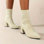 Botas Femininas De Malha De Cor Sólida, Botas Confortáveis ​​e Respiráveis ​​de Salto Grosso, Botas Finas Elásticas De Inverno