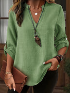 Camisa de Imitação de Denim Cinza Claro Plus Size Feminina - Blusa Elegante Casual de Manga Longa e Gola Redonda, Lavável à Máquina para Primavera/Verão, Design Minimalista, Textura Semelhante a Linho, Tecido Não Transparente, Combinável com Leggings, Material Respirável, Estilosa