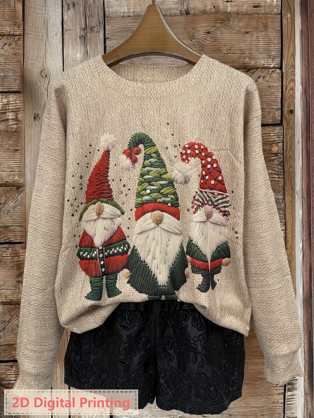 Camisola de Manga Comprida com Gola Redonda e Impressão 3D para Mulher - Design Ultra HD Gótico Corvo & Pai Natal, Impressão Integral Leve, Estilo Casual Elegante, Corte Normal