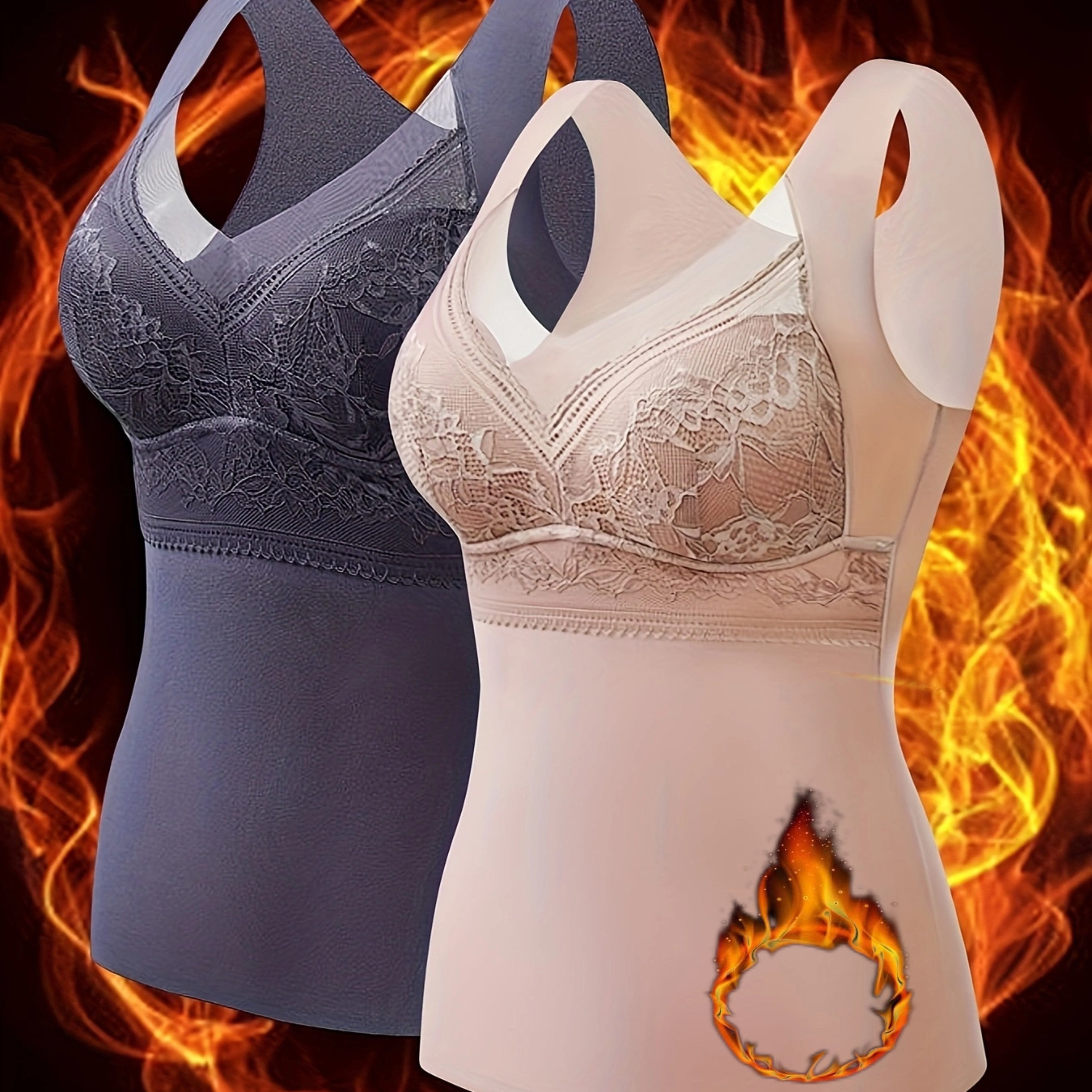 Velvet Thermal Camisole Set with Built-in Bra - Black & Beige