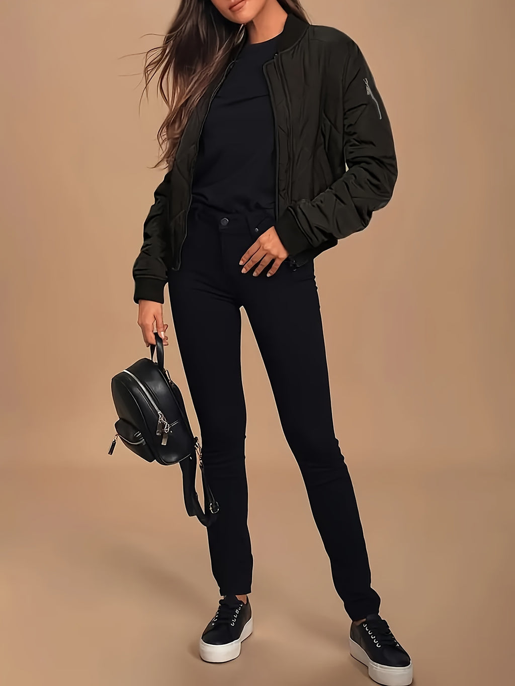 Casaco acolchoado com fecho, casaco térmico casual de manga comprida com bolsos para outono e inverno, roupa de mulher