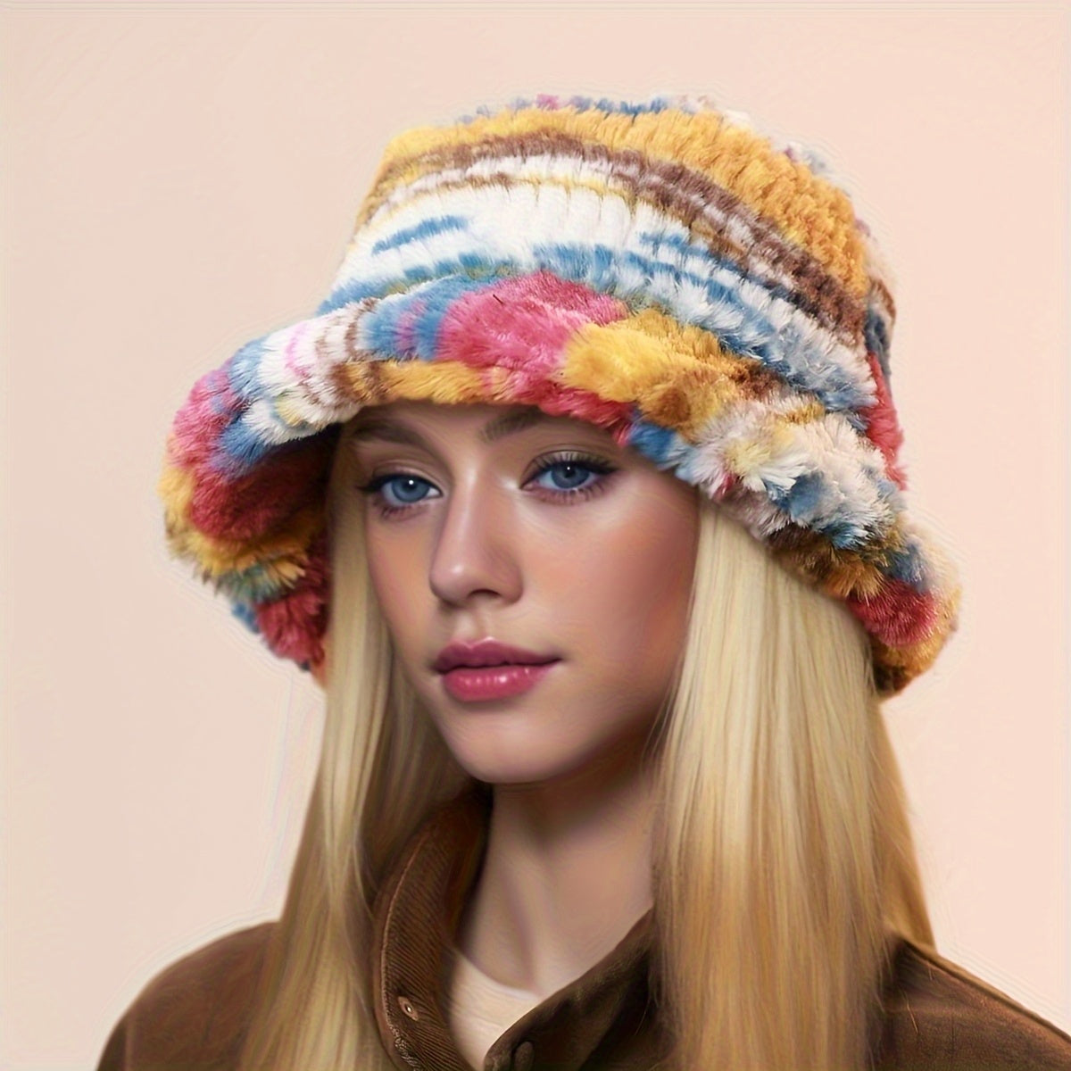 1pc Chapéu de Pescador Feminino - Chapéu Balde Leve e Quente para o Inverno com Estampa Aleatória, Pele Sintética Macia, Ajustável 55.88-60.96 cm para Natal & Uso Diário, Design Facial, Chapéus de Inverno, Acessório Festivo, Padrão Tiedye