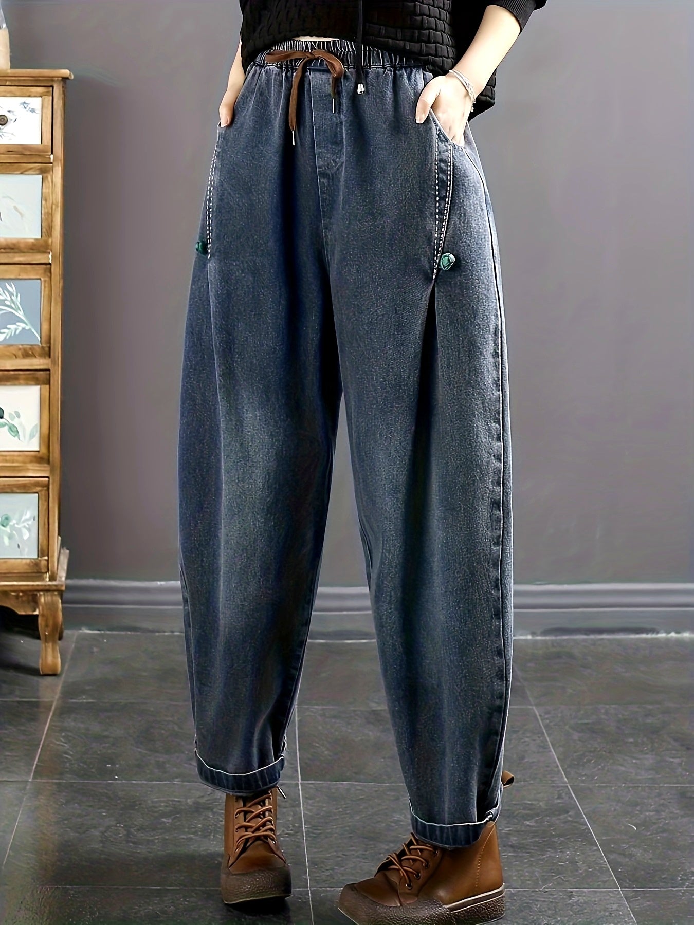 Calças Harlan Femininas Tamanho Grande - Cintura Elástica, Jeans Oversized Lavados, Ideais para Inverno, Uso Casual e Camadas, Calças Confortáveis de Bonusemption