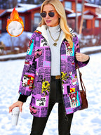 Jaqueta Casual com Capuz para Mulheres Adultas, Estampa Pop Graffiti e Forro, Outono/Inverno