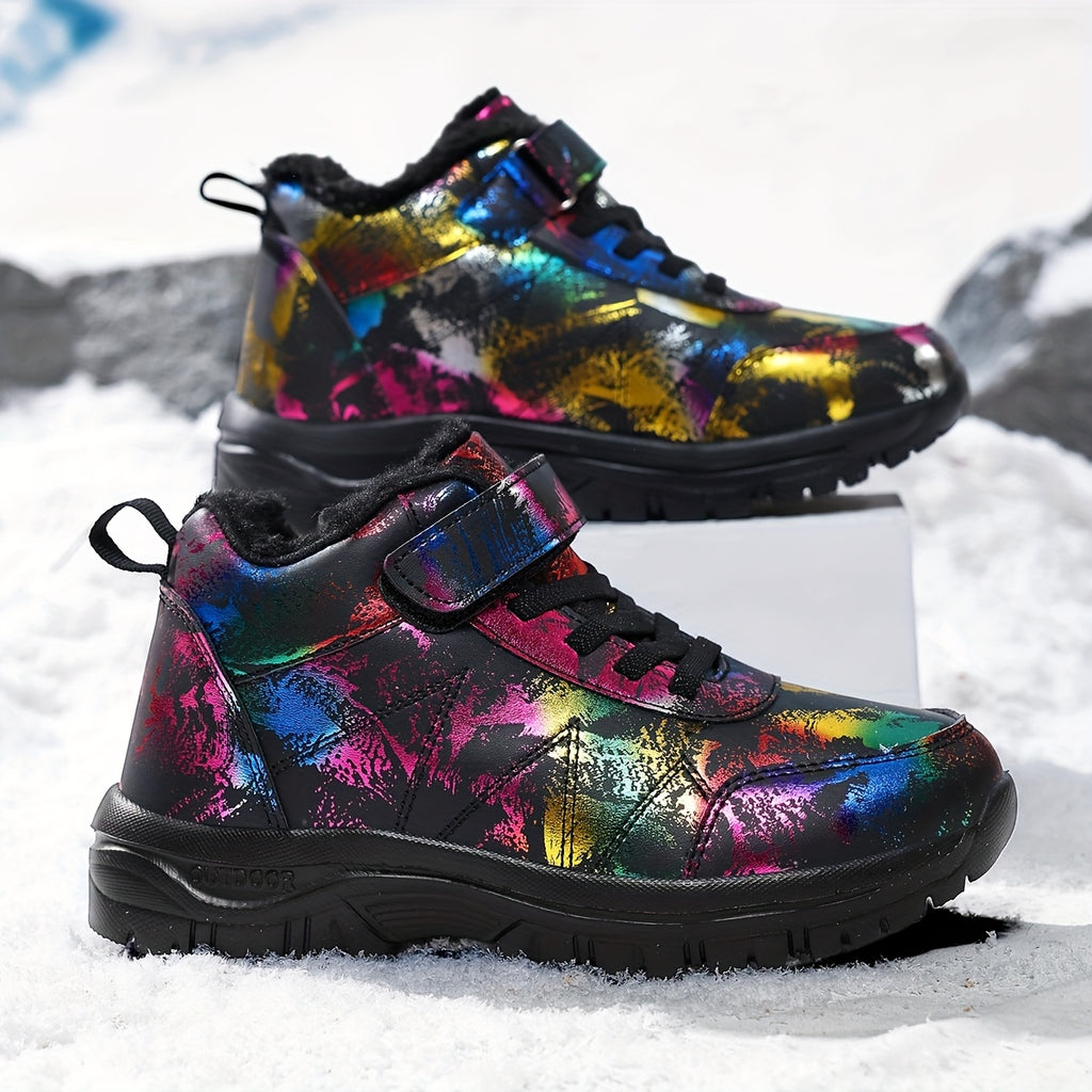 Botas de neve de inverno de pelúcia para mulheres - Salto médio acolchoado e grosso, bico redondo e fecho, padrão floral vibrante, forro de lã quente, perfeitas para ocasiões casuais e formais, botas de neve para mulheres, calçado formal, calçado com padrão decorativo, sola de EVA durável