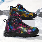 Botas de neve de inverno de pelúcia para mulheres - Salto médio acolchoado e grosso, bico redondo e fecho, padrão floral vibrante, forro de lã quente, perfeitas para ocasiões casuais e formais, botas de neve para mulheres, calçado formal, calçado com padrão decorativo, sola de EVA durável