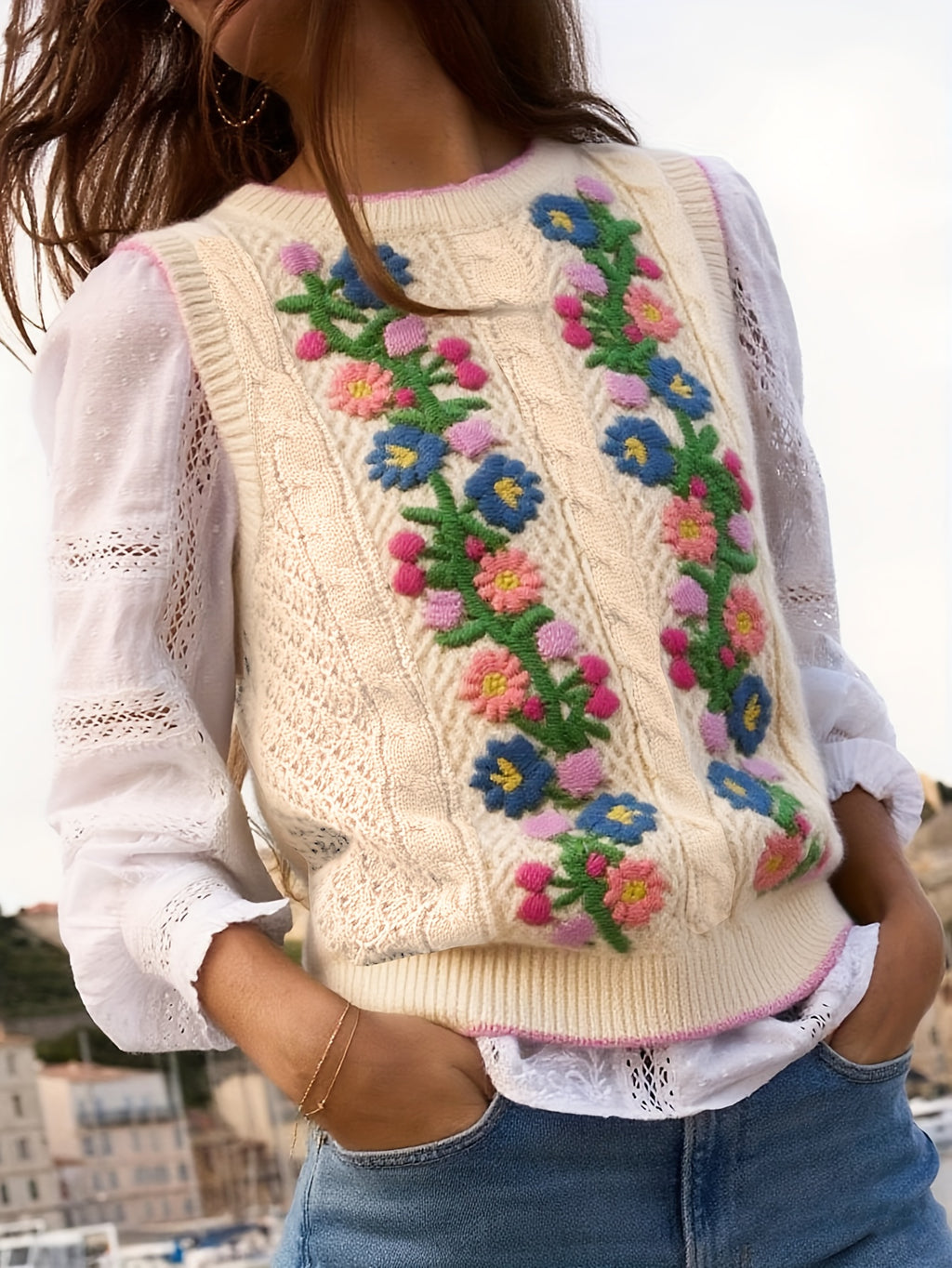 Suéter Feminino Floral - Colete de Malha Elástico, Sem Mangas para Eventos Casuais e Formais, Lavável na Máquina (Verde com Detalhes em Rosa/Azul/Roxo) - Suéter Elegante para Todas as Estações, Blusas Fofas