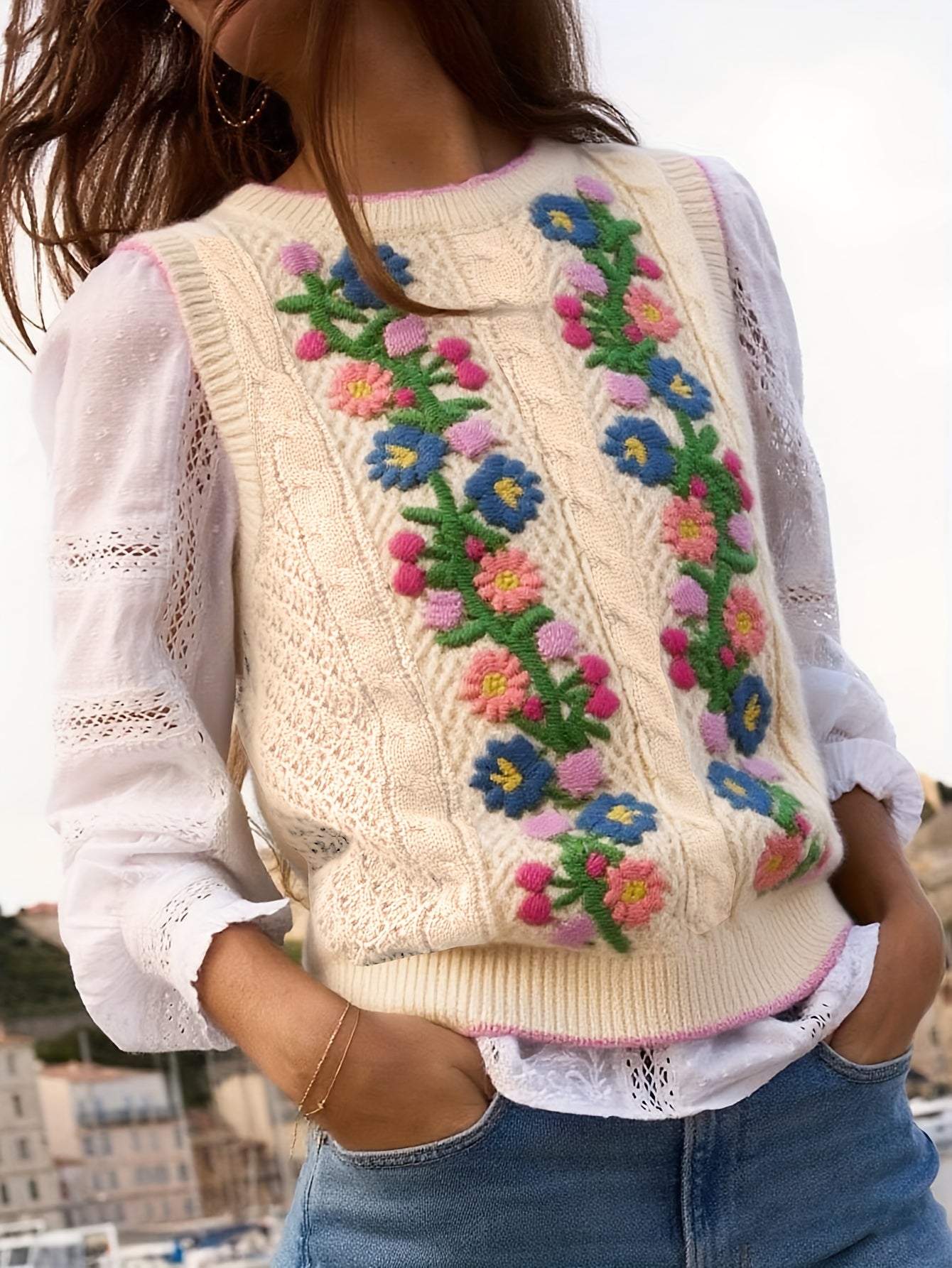 Suéter Feminino Floral - Colete de Malha Elástico, Sem Mangas para Eventos Casuais e Formais, Lavável na Máquina (Verde com Detalhes em Rosa/Azul/Roxo) - Suéter Elegante para Todas as Estações, Blusas Fofas