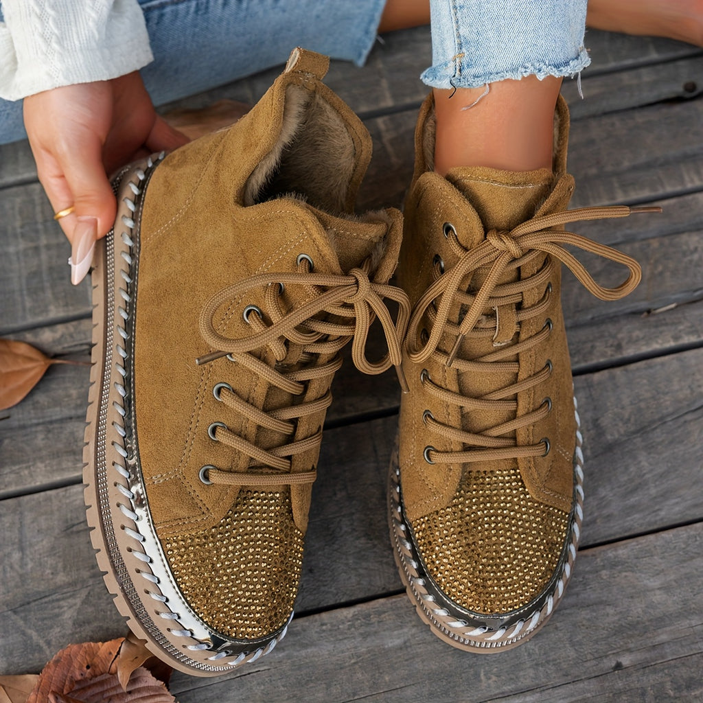 Botas de Inverno com Plataforma Grossa, Decoradas com Strass e Cadarço para Mulheres - Botins Cano Curto em Fleece, Sola Espessa de Borracha Redonda na Ponta, Brilhantes Bota de Neve para Natal, Ano Novo & Clima Frio (Preta) - Estilo Moda Coreana