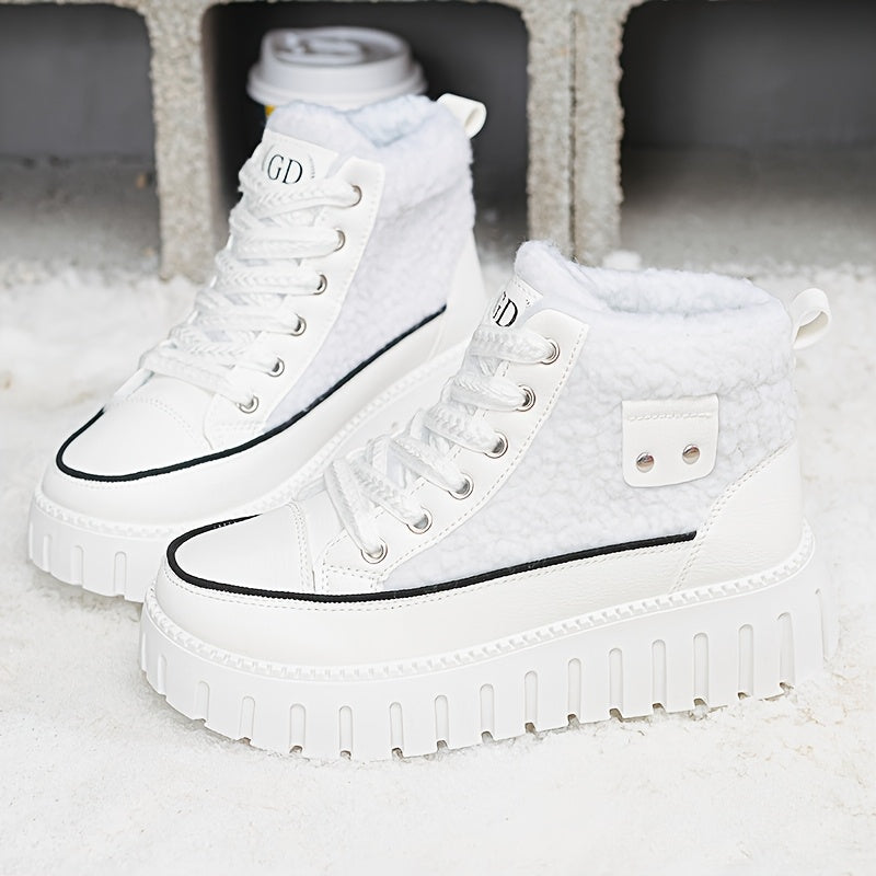 Botas Femininas de Inverno 2025, Cano Alto e Grosso com Forro de Fleece, Sapatos Esportivos Versáteis com Sola Grossa para Clima Frio