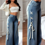 High-Waisted Wide-Leg Jeans with Braided Detail