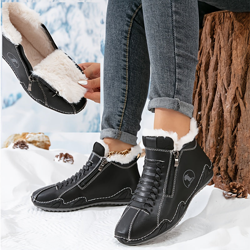 Botas de Inverno Femininas com Forro de Pelúcia, Fechamento de Zíper/Laço, Bico Redondo, Sola Baixa, Casual, Adequadas para Uso Diário, Lavável na Máquina, Espessura Aumentada - Cor Sólida (Tornozelo e Cano Curto)