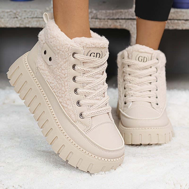Botas Femininas de Inverno 2025, Cano Alto e Grosso com Forro de Fleece, Sapatos Esportivos Versáteis com Sola Grossa para Clima Frio