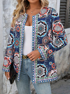 Jaqueta Feminina Elegante Casual com Estampa Floral - Blazer de Outono/Inverno Lavável à Máquina com Gola Redonda e Bolsos, Design Floral Azul Vibrante & Laranja para Looks Casuais e Semi-Formais, Roupa Fácil de Cuidar