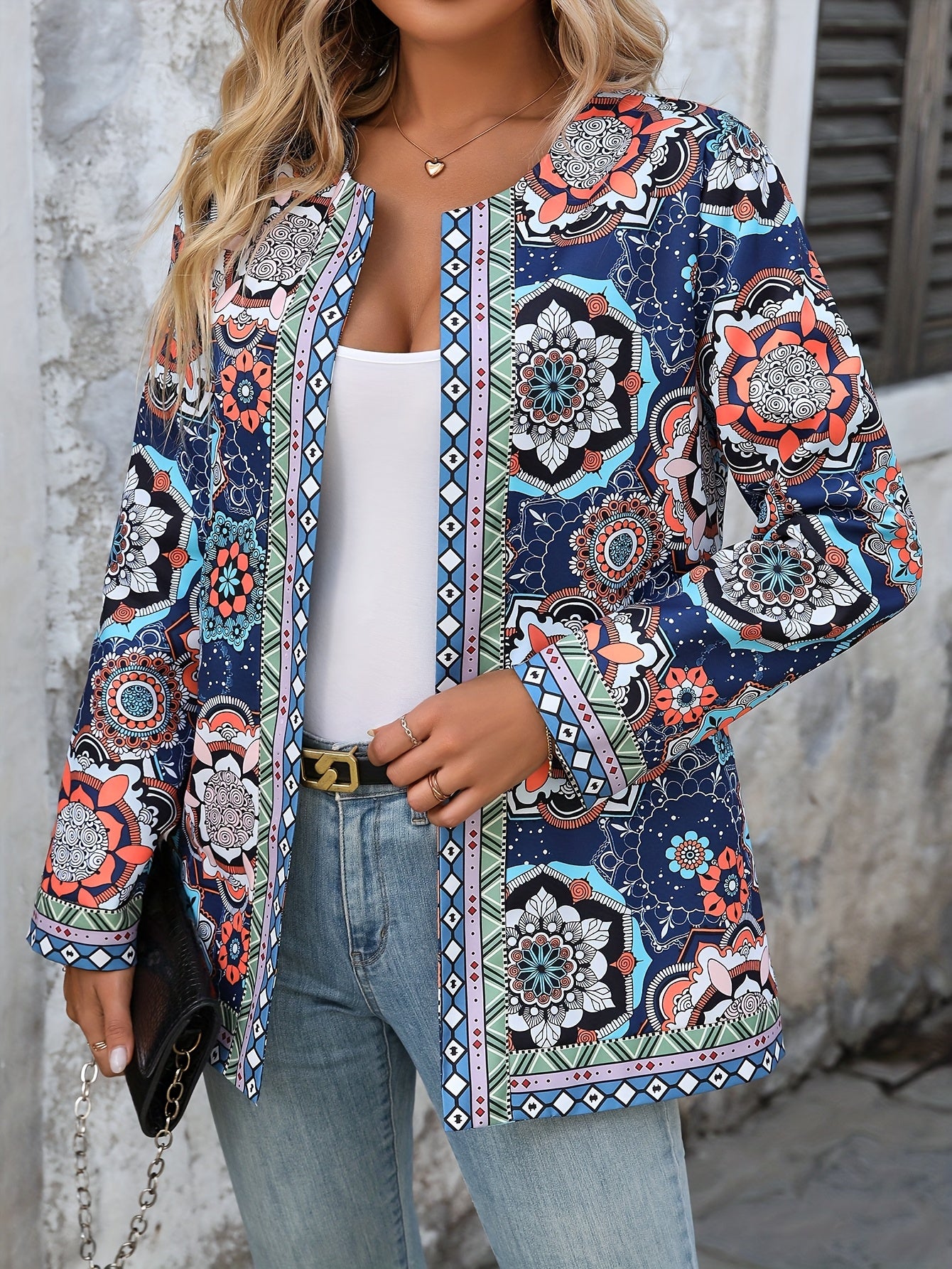 Jaqueta Feminina Elegante Casual com Estampa Floral - Blazer de Outono/Inverno Lavável à Máquina com Gola Redonda e Bolsos, Design Floral Azul Vibrante & Laranja para Looks Casuais e Semi-Formais, Roupa Fácil de Cuidar