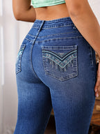 Calças Jeans de Cintura Alta para Mulheres - Pernas Retas com Detalhes Bordados, 73% Algodão, Conforto para Todas as Estações, Azul Médio Casual Streetwear