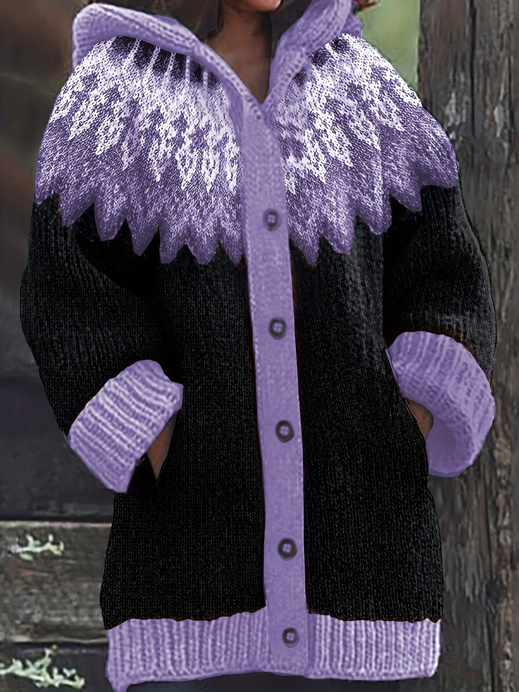 Casaco Plus Size Feminino de Inverno, Elegante com Capuz, Jacquard Macio e Grosso em Degradê de Montanha e Geleira, Tie-Dye, Confortável e Casual, Cardigan Vintage para Presente ou Dia a Dia