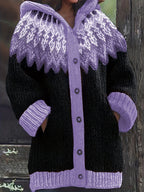 Casaco Plus Size Feminino de Inverno, Elegante com Capuz, Jacquard Macio e Grosso em Degradê de Montanha e Geleira, Tie-Dye, Confortável e Casual, Cardigan Vintage para Presente ou Dia a Dia